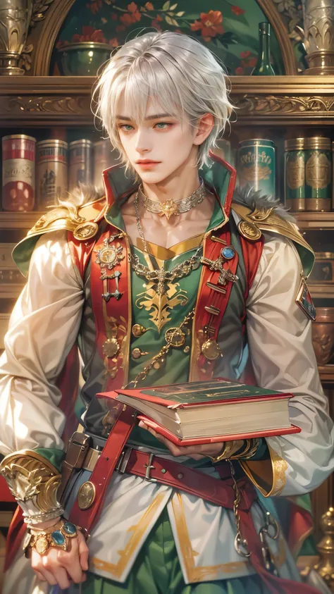 (absurdres, highres, ultra detailed, HDR), masterpiece, intricate details, best quality close-up picture of a character from Ragnarok Online, a character with handsome looks, korean face, silver hair, short hair, anime green eyes, matured teen, sage outfit...