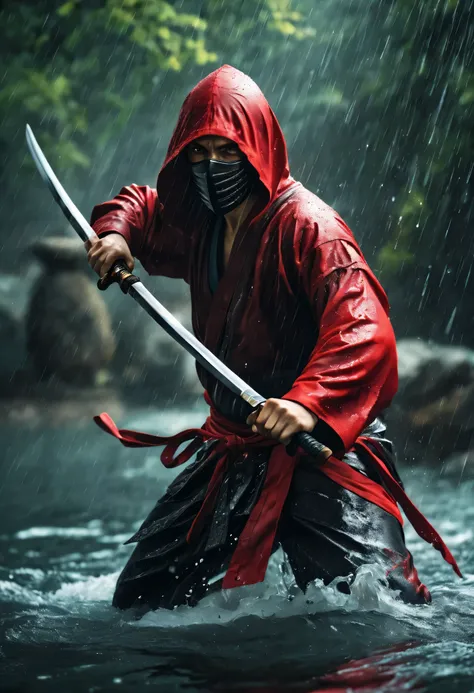 best quality，ultra-fine，warrior appears in water ，air，one hand holding a katana，face mask，fighting，dodge，avoid，lifelike，photorea...