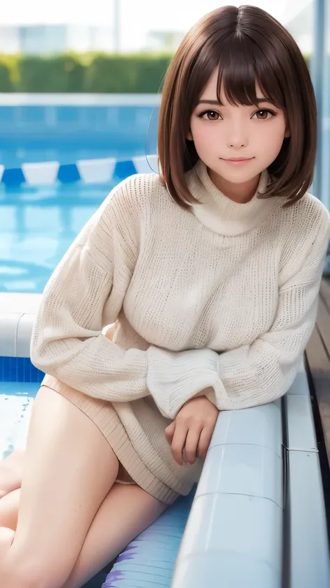 face to face with the children_v1, highest quality, realistic, 8k, High resolution, 1 girl, woman, (skin dents), (portrait:0.6), nice, dynamic pose, ((poolside background:1.6)), Palm tree, ((Medium round chest, white high neck sweater:1.4)), look straight ...