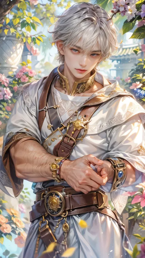 (absurdres, highres, ultra detailed, HDR), masterpiece, intricate details, best quality close-up picture of a character from Ragnarok Online, a character with handsome looks, korean face, grey hair, short hair, anime pink eyes, matured teen, alchemist outf...