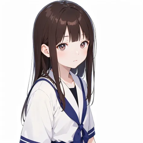 一个日本女子middle school生，Miss，Sailor suit，Jie Kang，Chest，middle school，Miss食材，long hair，brown hair，Eye，portrait photo，pure white background