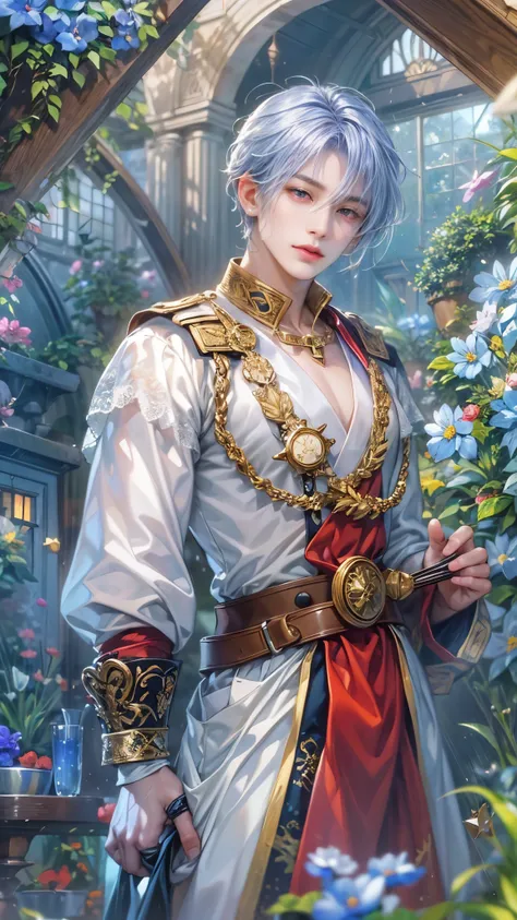 (absurdres, highres, ultra detailed, HDR), masterpiece, intricate details, best quality close-up picture of a character from Ragnarok Online, a character with handsome looks, korean face, periwinkle hair, short hair, anime red eyes, matured teen, alchemist...