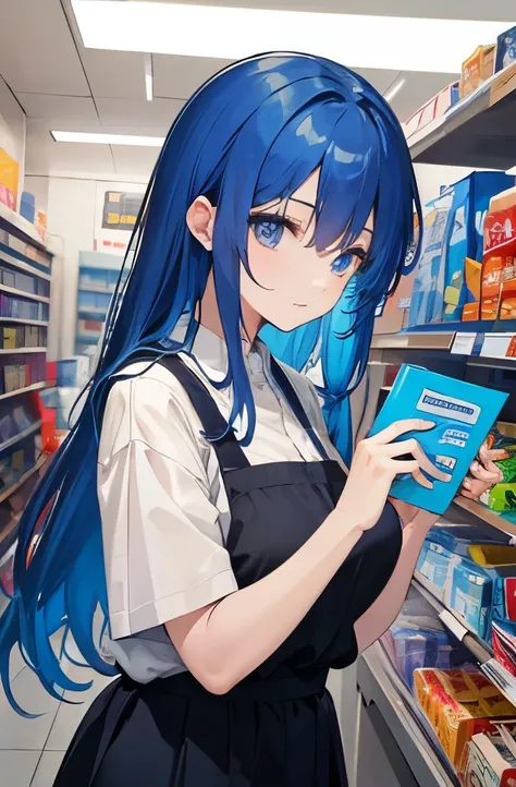 ８K, highest quality, masterpiece, super detailed、bright blue hair、medium long hair、full lips、blue eyes、convenience storeclerk、clerk、convenience store