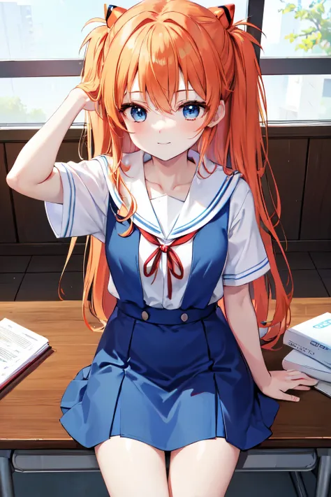 （8K, best quality, muste piece:1.2)、ultra high resolution、Anime,1 very cute girl,asuka langley,ultra-detailed face, detailed eyes,blue eyes,school uniform,White sailor collar plain short sleeve shirt,light blue skirt,Light blue suspenders,uniform_red ribbo...