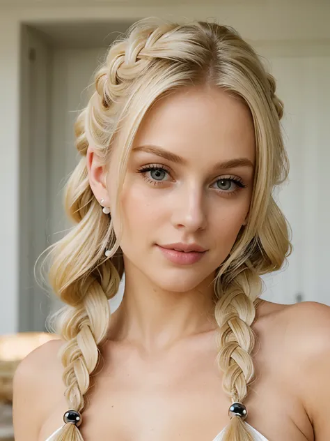 (masterpiece, best quality), 1girl, Ash blonde Twisted Side Braid with Pearl Beads, smallbreasts, bright intense blond, bright intense blond