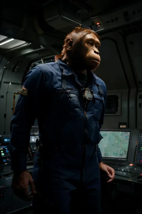 (male orangutan in an engineer officer coverall), male anthropomorphic orangutan naval officer, (photo realistic ape officer in uniform on a space ship bridge), hyper realistic ape officer talking to a crew member nearby, futuristic space ship scene, (wear...