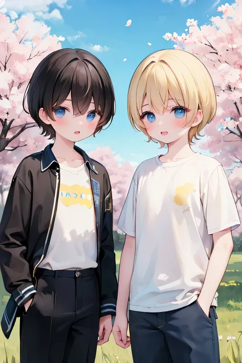 (masterpiece、最high quality、high quality)、黒髪short hair、curly hair、blue eyes、15 year old boy、13 year old boy、blonde、short hair、two people side by side、clothes、pants、in nature、dramatic angle、highlight、grassland、blue sky、Cherry Blossom