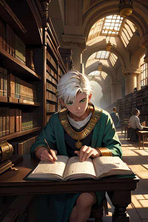 Young bibliomaniac with short white hair, green eyes, is in an ancient library of Alexandria or Babylon.. o en una biblioteca del antiguo egipto tiene cabello naranja y otro joven lo mira sentado y leyendo de espaldas a su escritorio lleno de libros desord...