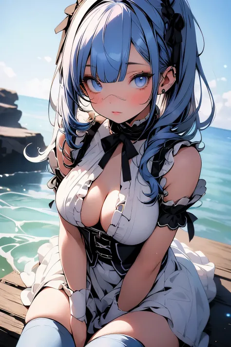 1girl:1.3, (pastel color line art:1.3), expressive eyes, perfect face, 1 girl, rem from re zero, water-blue hair, water-blue pupils, ((right eye is covered with bangs:1.6)), maid outfit, black stockings, cute, (medium boob size), golden hour, warm glow, ci...