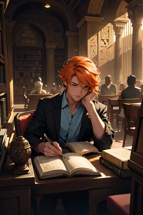 short-haired young bibliomaniac is in an ancient library of Alexandria or Babylon. or in a library in ancient Egypt he has orange hair and another young man looks at him and dark in his room, sentado y leyendo de espaldas a su escritorio lleno de libros de...