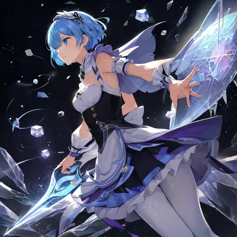 ((best quality)), ((masterpiece)), illustration, (detailed), Isometric, (hexagon:1.2), (sharp:1.1), 1 girl,  aboutm, aboutm (about:zero), Lovely, charming pose, (light blue hair:1.1), short hair, (hair covering one eye:1.1), blue eyes, medium baboutasts, R...