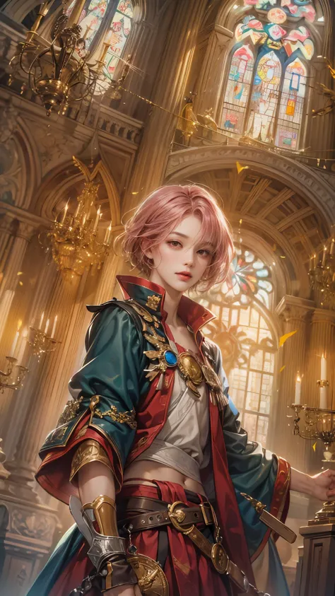 (absurdres, highres, ultra detailed, HDR), masterpiece, intricate details, best quality close-up picture of a character from Ragnarok Online, a character with handsome looks, korean face, dark pink hair, short hair, anime red eyes, silly face, matured teen...