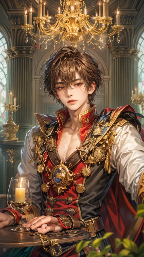 (absurdres, highres, ultra detailed, HDR), masterpiece, intricate details, best quality close-up picture of a character from Ragnarok Online, a character with handsome looks, korean face, dark crimson hair, short hair, anime red eyes, silly face, matured t...