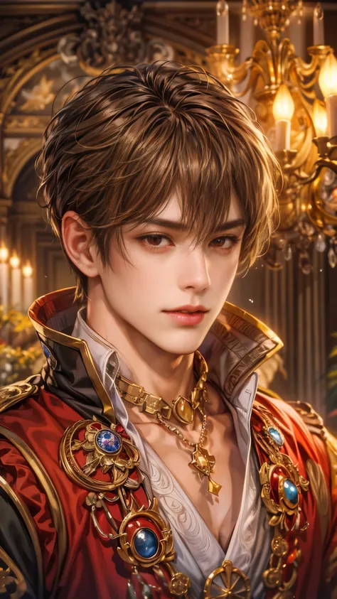 (absurdres, highres, ultra detailed, HDR), masterpiece, intricate details, best quality close-up picture of a character from Ragnarok Online, a character with handsome looks, korean face, dark crimson hair, short hair, anime red eyes, silly face, matured t...