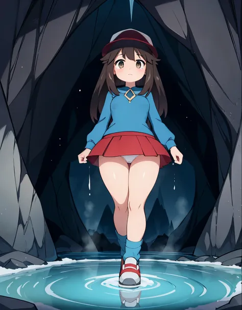 pokemon leaf, visible thighs, red skirt, blue shirt, brown eyes, loose socks, white footwear, upskirt, white panties, body shape, chubby thighs, thick thighs, scared, in a dark cave, crying, drunk, nsfw, portrait,hidden gem, mysterious atmosphere,cold,enig...