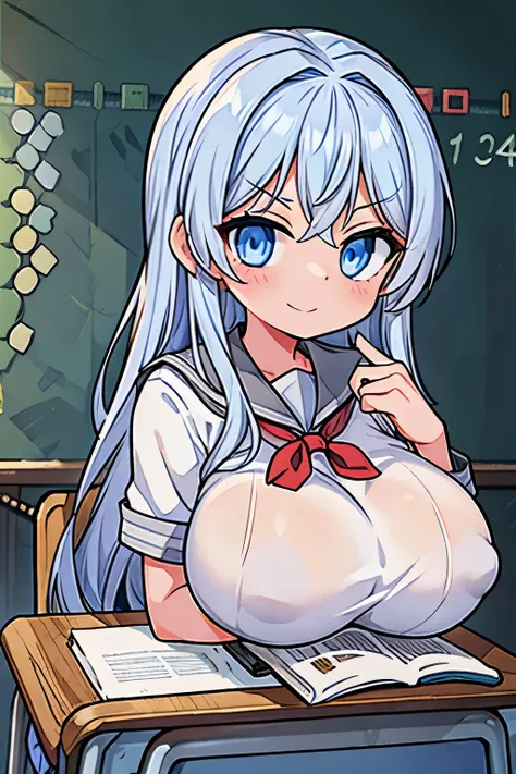 (silver hair blue eyes girl), (huge breasts:1.2), (school uniform:1.5), (smug:1.2)