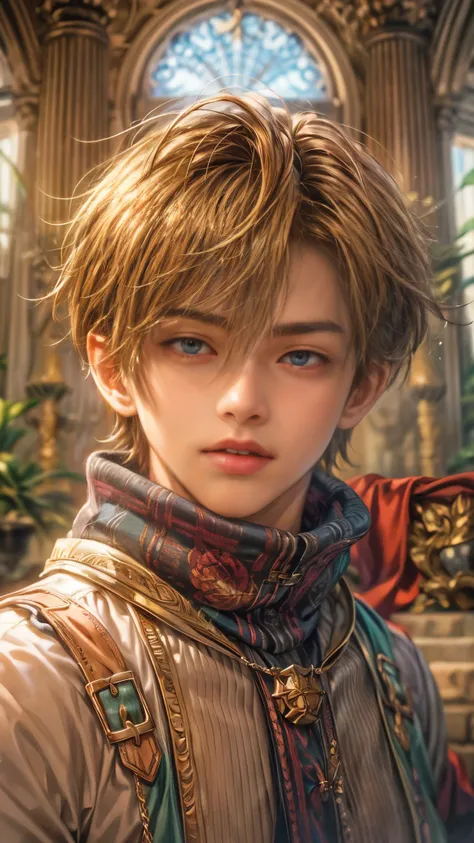 (absurdres, highres, ultra detailed, HDR), masterpiece, intricate, best quality, portrait of a teenage boy from Final Fantasy IX, short hair, korean face, anime eyes, detailed interior, detailed character