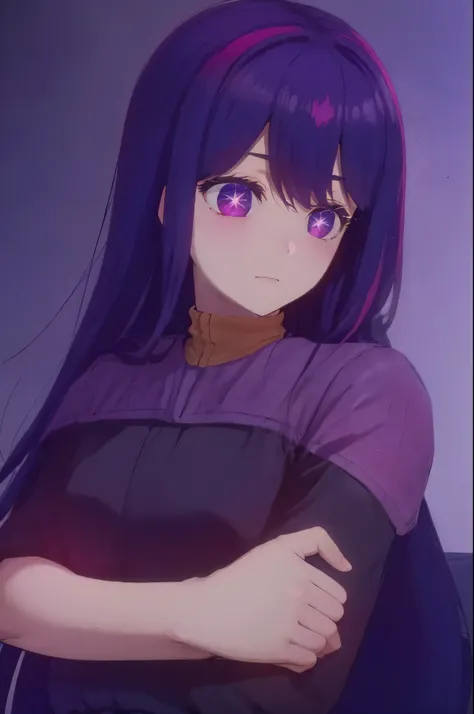 Hoshino Ai, long hair, purple hair, streaked hair ,purple eyes, star-shaped pupils, hair ornament,
ds9st red and black uniform ashamed expression