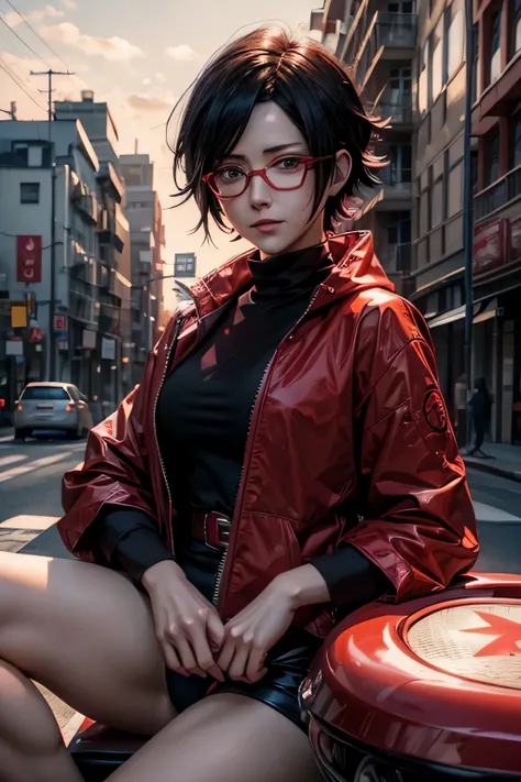 sarada uchiha from naruto,anime character sitting on a stop sign with a building in the background,  sarada uchiha, huge  , sarada uchiha from naruto, wearing red glass, short hair,high details face
((best quality)), ((masterpiece)), (detailed), perfect fa...