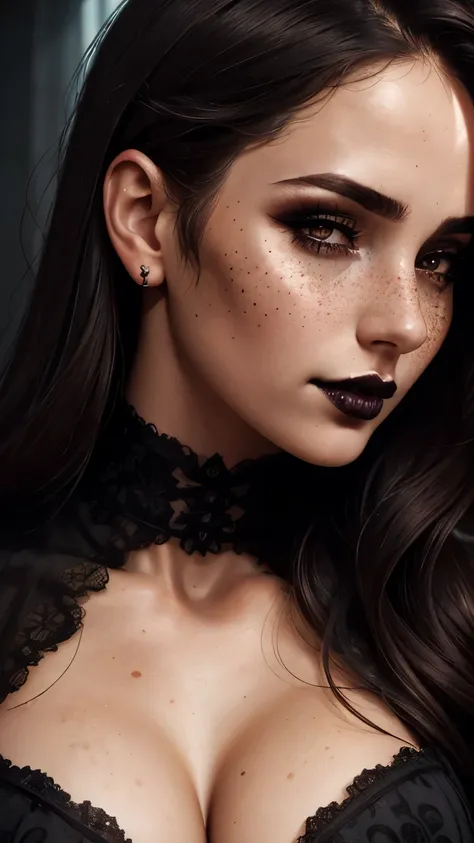 (best quality, hyperdetailed photography:1.2), beautiful lady, freckles, gothic dark makeup, soft light, massive perfect breast,...