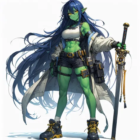 (Masterpiece, top quality), (detailed hair), ultra detailed, anime style, full body, solo, Cyberpunk orc girl, Muscular but feminine body shape, wearing a work uniform, night blue hair and yellow eyes, pale green skin, holds a sword in a scabbard, wears hi...