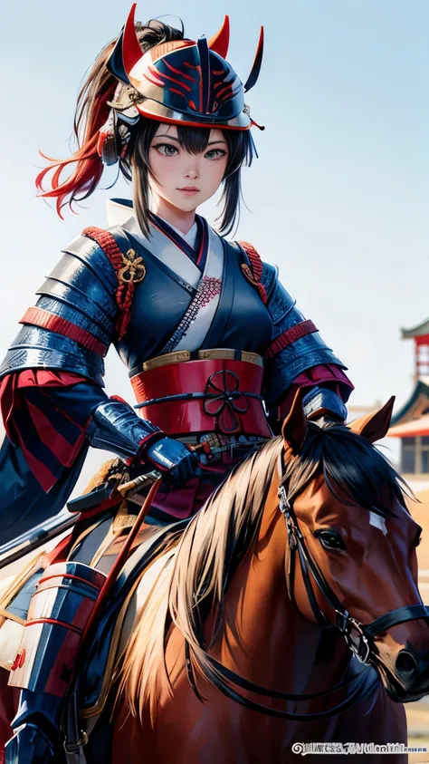 Female Japan samurai in armor helmet riding a horse