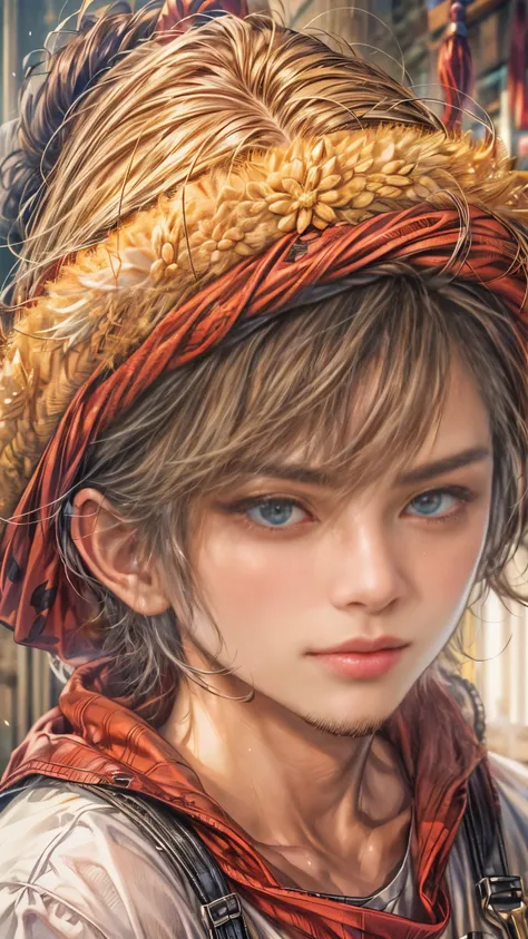 (absurdres, highres, ultra detailed, HDR), masterpiece, intricate, best quality, portrait of a teenage boy hero from Final Fantasy IX, short hair, korean face, anime eyes, Farmer outfit detailed interiors slums, detailed character