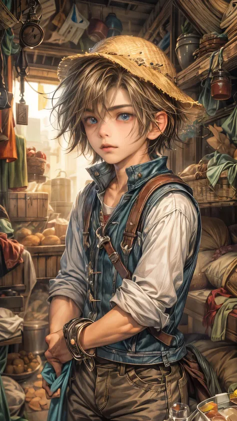 (absurdres, highres, ultra detailed, HDR), masterpiece, intricate, best quality, portrait of a teenage boy hero from Final Fantasy IX, short hair, korean face, anime eyes, Farmer outfit detailed interiors slums, detailed character