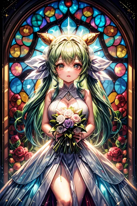 ((worst quality, low-quality)), ((banya, Cow Kenomimi girl)), Solo, (Bride Costume), (((Longhaire, poneyTail, Green hair,):1.3)), (Big breasts), Hair over one eye, plump shiny lips, Beautiful clear eyes, Spoken Heart, Leaning forward, (Dynamic Pose:1.2), (...