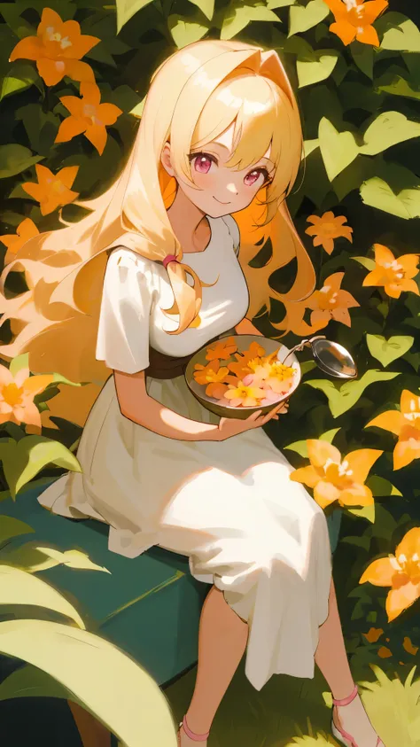 (masterpiece, best quality, absurdres), 1girl, solo, solofocus, blonde hair, long hair, pink eyes, small to medium breasts, teenager, closeup, outdoors, sunlight, plants in background, orange flowers, smile, bowl full of flowers, white bowl, spoon with flo...