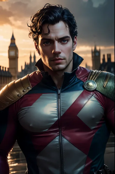 Henry Cavill as Captain Britain, bright lights, (Dynamic Pose), (hyper Realistic:1.4), (Realistic:1.3), (best quality real textured skin), Full body, (cinematic light), highly detailed skin , skin pores, (highly detailed face:1.1), (highly detailed eyes:1....