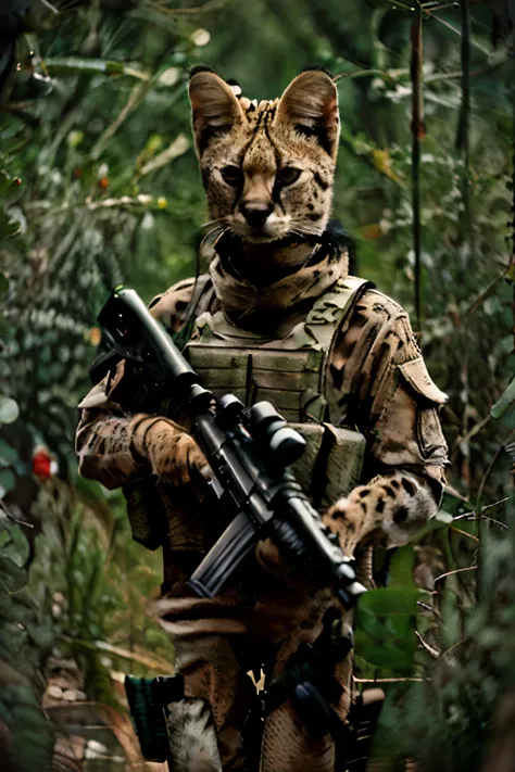 (anthropomorphic serval marine sniper), photo realistic, hyper realistic feline sniper, cat sniper, serval marine in camouflage,...