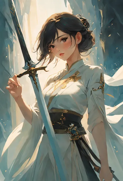 Picture of woman in white holding sword, beautiful figure painting, author：Yang Jie, Gurwitz style artwork, author：dig in, author：Zhang Han, guweiz, author：Fan Qi, author：Li Song, Roth Raffle Numbers, author：Dong Yuan, author：Huang Shen, author：Lengmei, Ro...