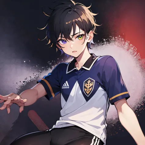 (obra de arte) (Alto detalhe) (high resolution),1boy,(masculino),anime boy , soccer uniform , heterochromia , one eye green , one eye purple