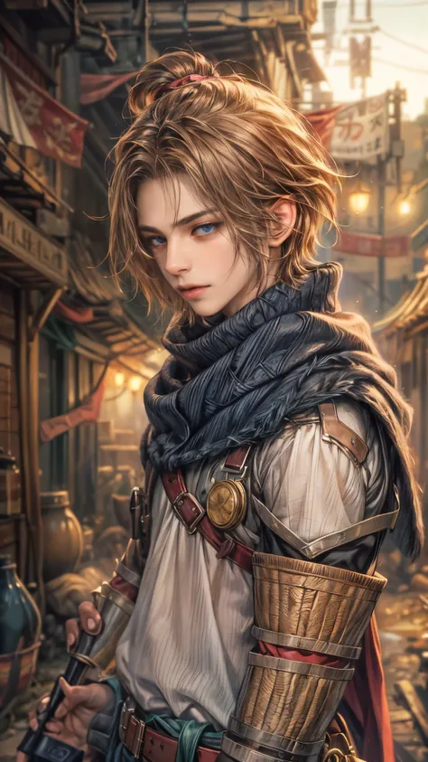 (absurdres, highres, ultra detailed, HDR), masterpiece, intricate, best quality, portrait of a handsome hero from Final Fantasy IX, short hair, korean face, anime eyes, knights outfit detailed interiors slums, detailed character