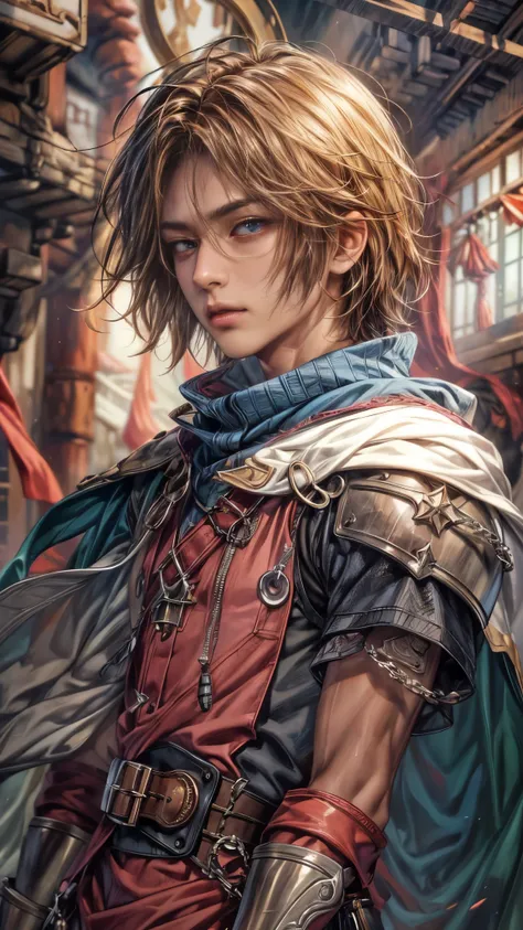 (absurdres, highres, ultra detailed, HDR), masterpiece, intricate, best quality, portrait of a handsome hero from Final Fantasy IX, short hair, korean face, anime eyes, knights outfit detailed interiors slums, detailed character