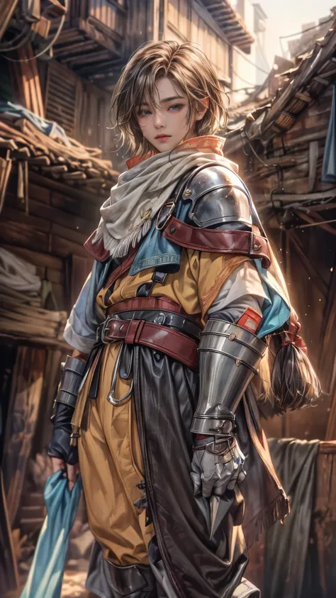 (absurdres, highres, ultra detailed, HDR), masterpiece, intricate, best quality, portrait of a handsome hero from Final Fantasy IX, short hair, korean face, anime eyes, knights outfit detailed interiors slums, detailed character