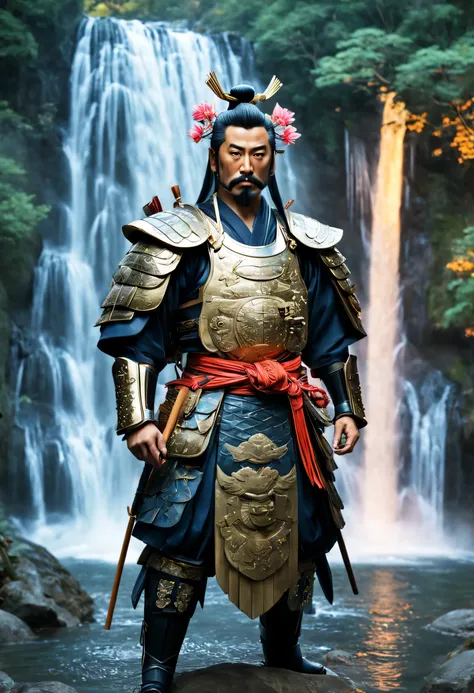 A bemused samurai with vibrant facial expressions and unusually adorned armor, embodying a harmonious blend of traditional Japanese culture and futuristic elements, amidst a serene luminous waterfall under an ethereal twilight sky, reflecting his symmetric...