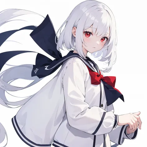 a female high school student，middle school，Sailor suit，white hair，red eyes，personal，portrait photo，pure white background