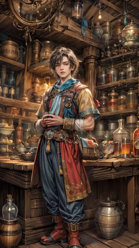 (absurdres, highres, ultra detailed, HDR), masterpiece, intricate, best quality, portrait of a handsome hero from Final Fantasy IX, short hair, korean face, anime eyes, merchant outfit detailed interiors of an items and potions shop, detailed character