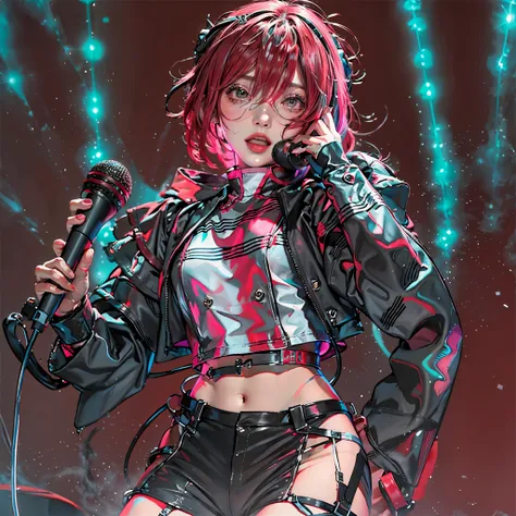 (singing:1.3),  kasane teto, (singer:1.1), (microphone:1.2), on a stage, lucy \(cyberpunk\), red hair, jacket, long sleeves, mul...