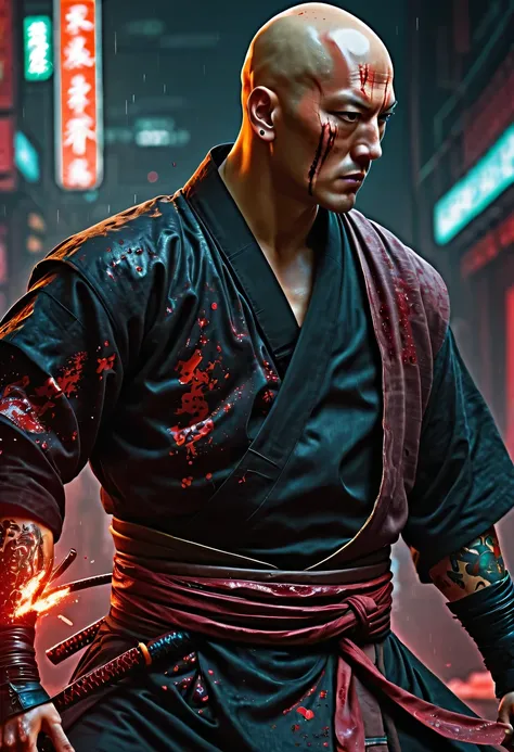 sh4g0d风格赛博朋克武士,(bald,monk:1.2),(Strong dynamic stance),struggle,(blood spatter), 8k, Ultra-detailed, precise, best quality