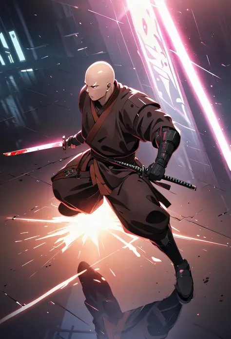 sh4g0d风格赛博朋克武士，(bald，monk:1.2),Strong dynamic stance，struggle，blood spatter，glowing light, reflected light, shadow, divine light, 8k, Ultra-detailed, precise, best quality