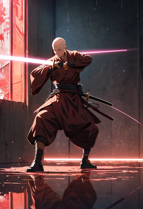 sh4g0d风格赛博朋克武士，(bald，monk:1.2),(Strong dynamic stance)，struggle，(blood spatter)，glowing light, reflected light, shadow, divine light, 8k, Ultra-detailed, precise, best quality