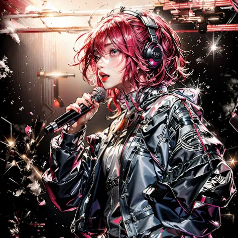 (singing:1.3), (singer:1.2), (microphone:1.2), kasane teto, on a stage, lucy \(cyberpunk\), hair scrunchie, red hair, colored ti...