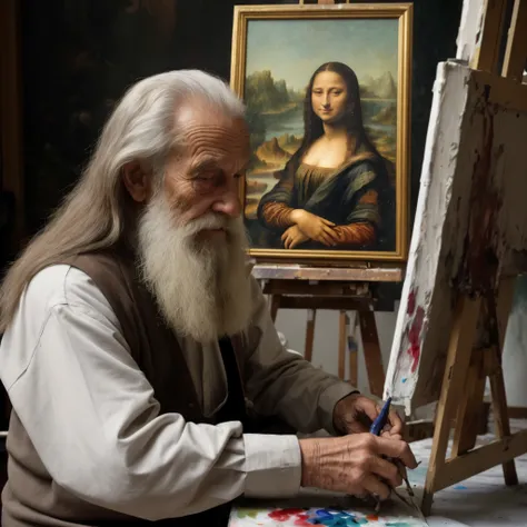 side view. elderly man as leonardo da vinci, long hair and beard, sitting at the table and painting a portrait of mona lisa. foc...