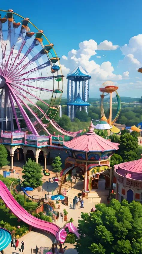 masterpiece, best quality, close up of an amusement park , wonderful amusement park, sky, from above