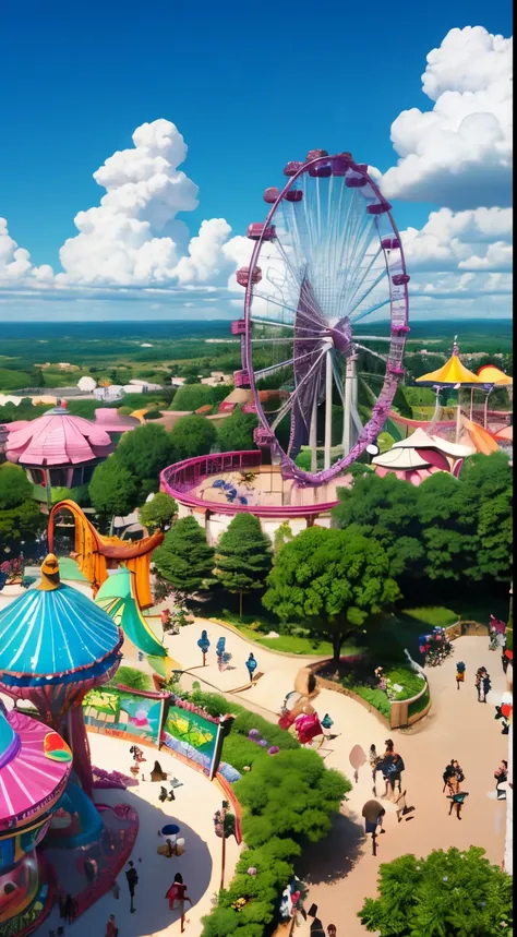 masterpiece, best quality, close up of an amusement park , wonderful amusement park, puffy clouds, from above