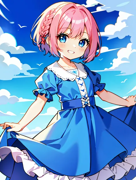 (highest quality、masterpiece:1.2) pink hair、light blue eyes、Braid、front、(grinning face) (blue dress) flat chest、narrow your eyes、short hair、((girl))