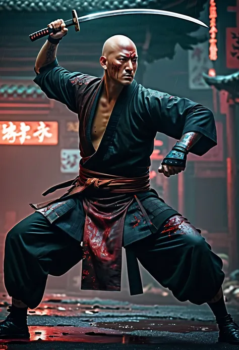 sh4g0d风格赛博朋克武士，(bald，monk:1.2),(Strong dynamic stance)，struggle，(blood spatter)，Strong，His face is very determined， 8k, Ultra-detailed, precise, best quality